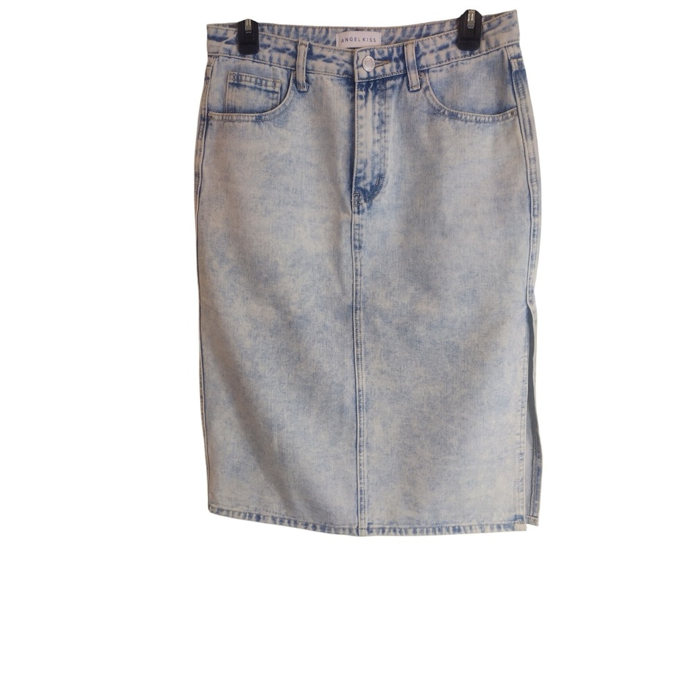 Angel Kiss Light Wash Acid Wash Denim Midi Skirt Side Slit Womens Size Medium